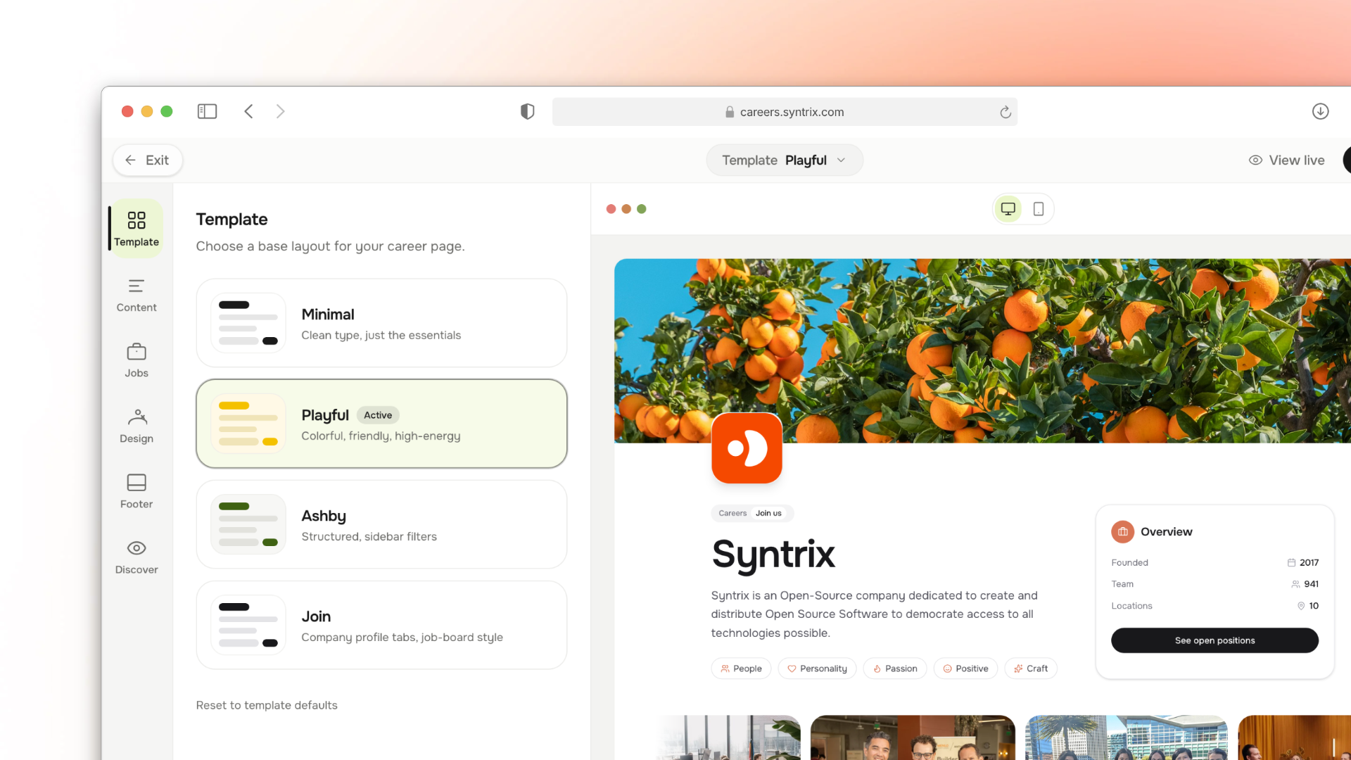 Harly career page builder showing template picker and live preview